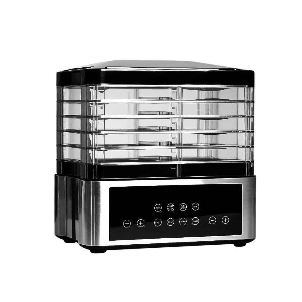 Silver stainless steel household fruit dehydrator with 14L capacity and temperature control dial
