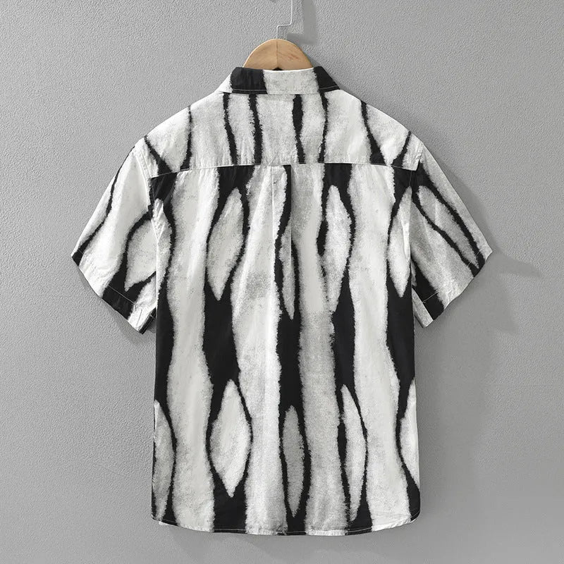 Men's black and brown striped retro short sleeve shirt in pure cotton loose fit
