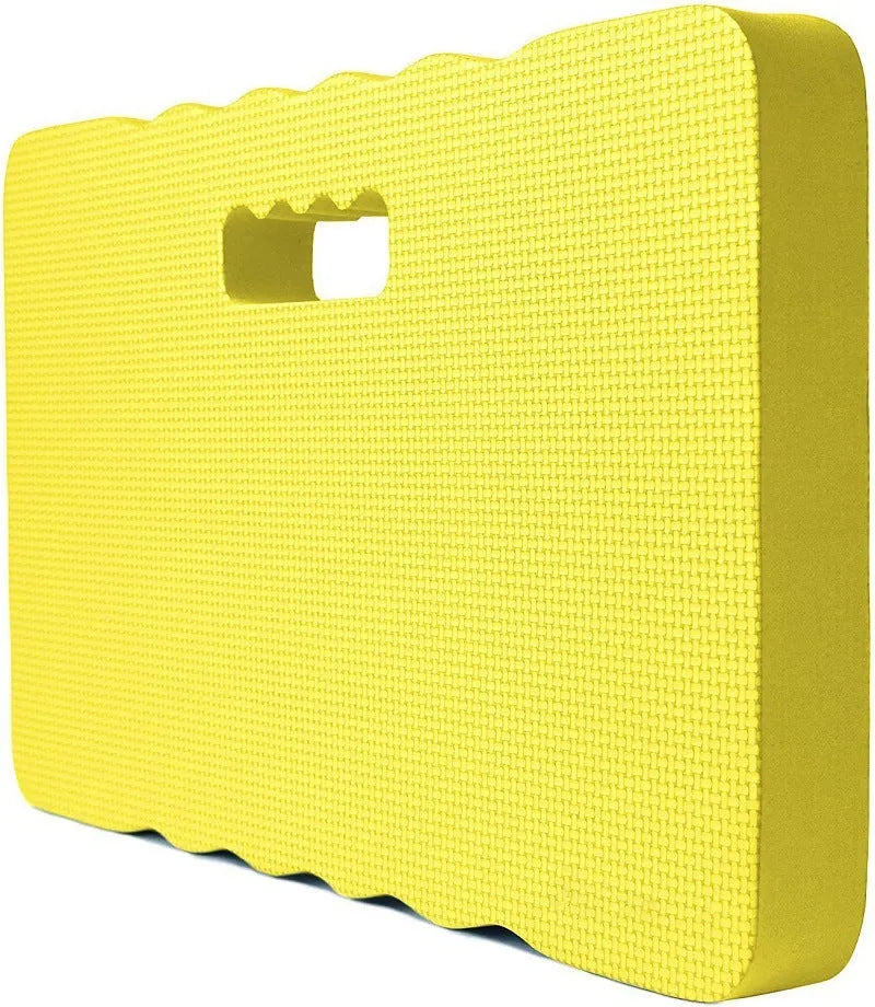 Blue plastic garden kneeler mat on grass, showing dimensions for comfortable kneeling while gardening.