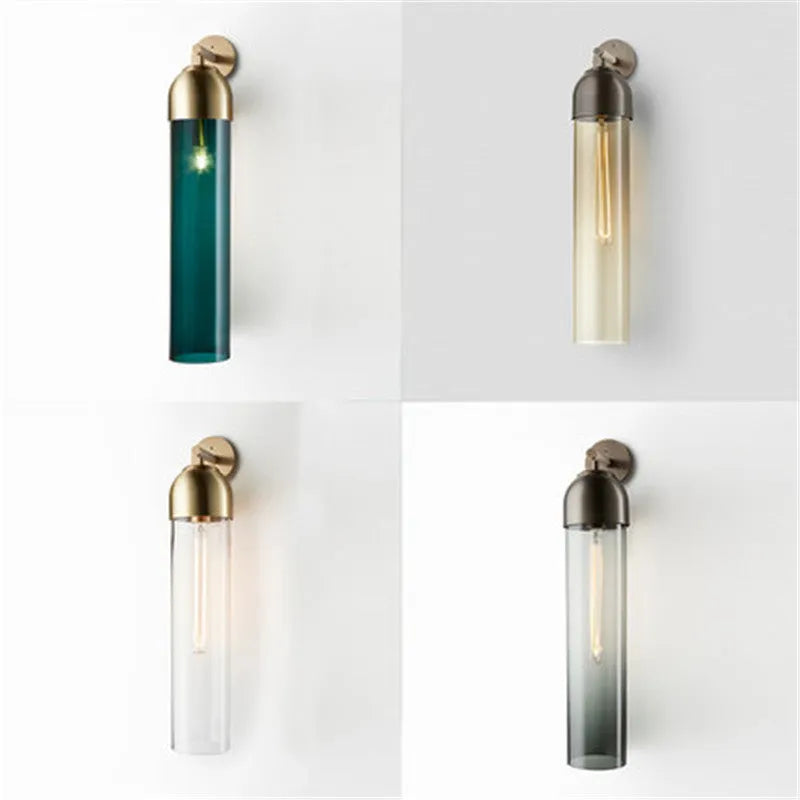 Nordic postmodern minimalist glass wall lamp in choice of five light colours on a plain wall