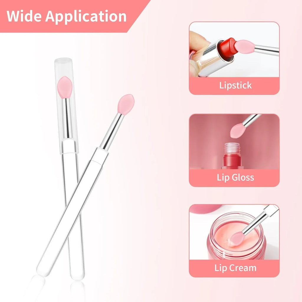 Set of coloured silicone lip brushes with protective caps for applying lipstick and lip gloss.