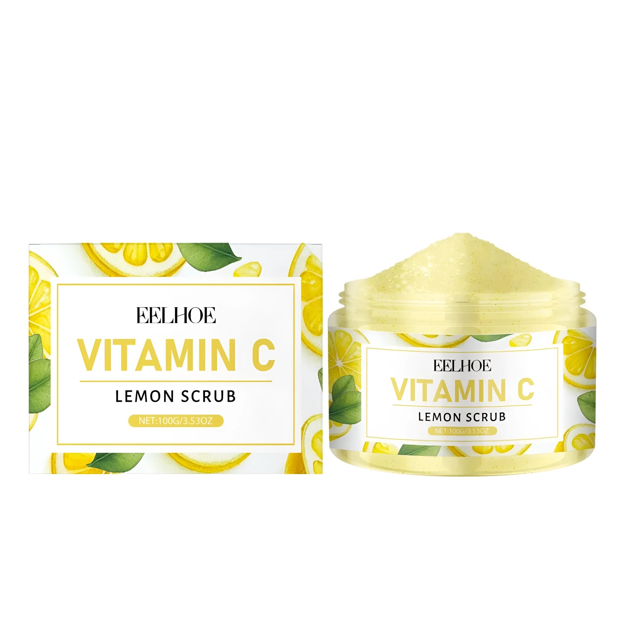 Jar of lemon exfoliating scrub with walnut shell powder and vitamin C, 100g