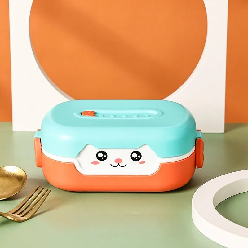 Square plastic divided lunch box in dark blue, orange yellow, and pink green colors for students