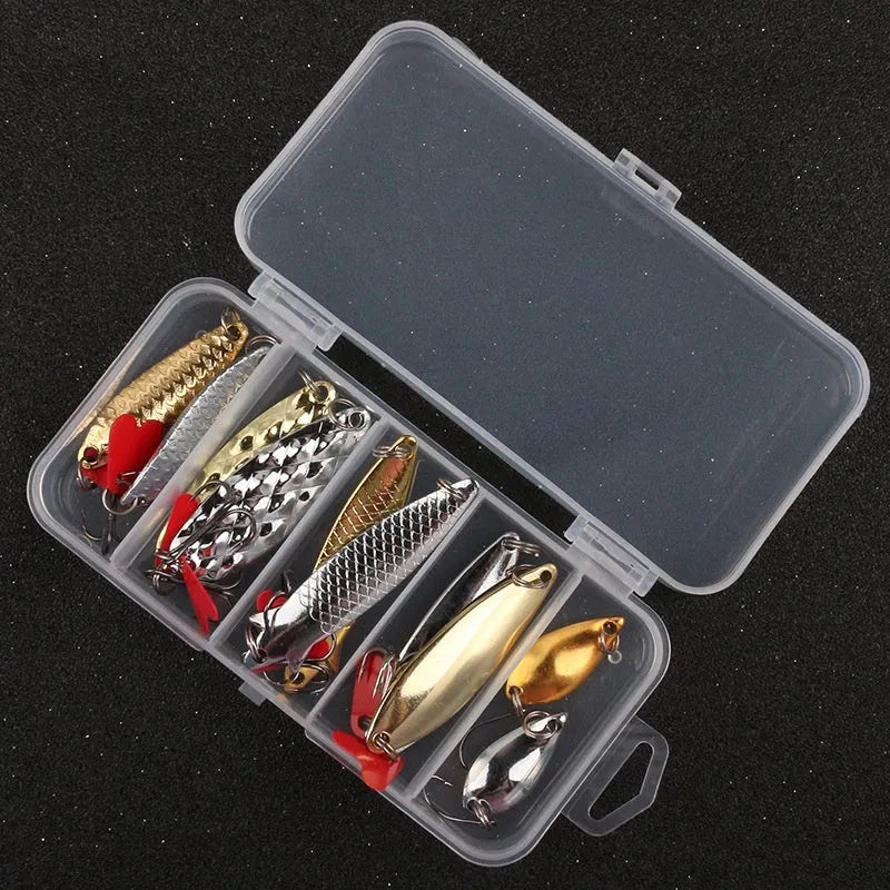 Pineapple sequin box containing metal fishing lure components in gold and silver colours
