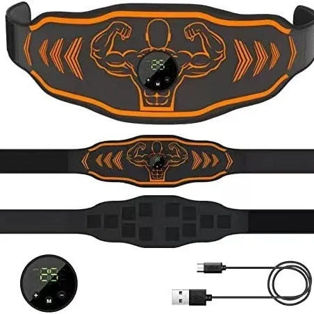 Smart EMS massage belt with orange or blue host unit, includes belt strap and arm stickers