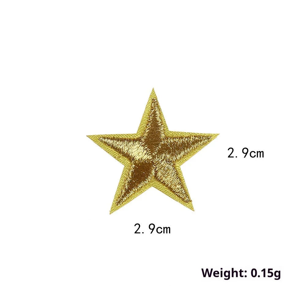 Colourful embroidered five-pointed star designs on cloth sticker labels for DIY clothing customisation.