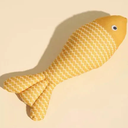 Catnip stuffed fish toy for cats in blue, red and yellow colour options showing large and medium size comparison