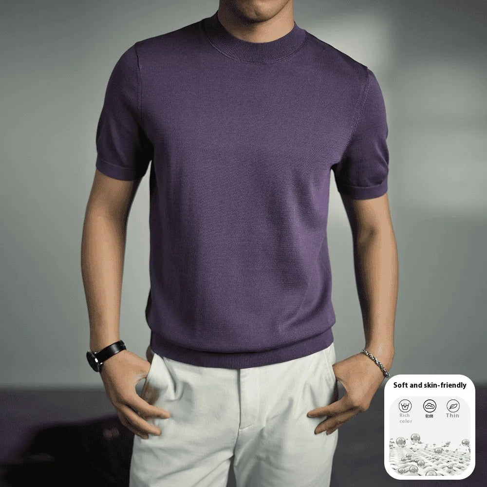 Men's knitted round neck T-shirt in chemical fibre blend with non-ironing treatment