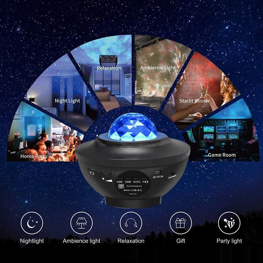Small black bowl-shaped projection lamp showing starry sky and water ripple lighting effects on wall
