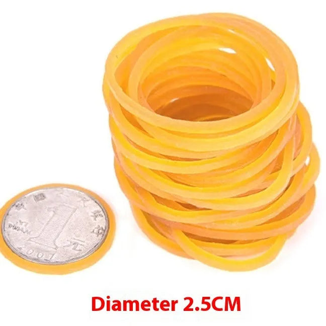 500g pack of assorted size yellow rubber bands on a white background.