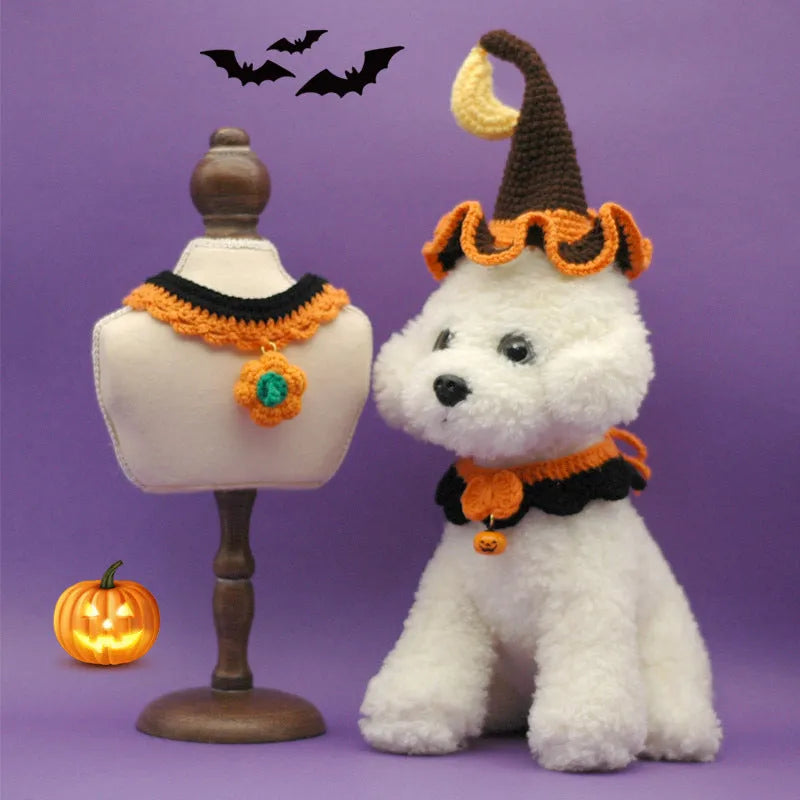 Hand crocheted Halloween pet collar in wool with adjustable sizing for dogs and cats
