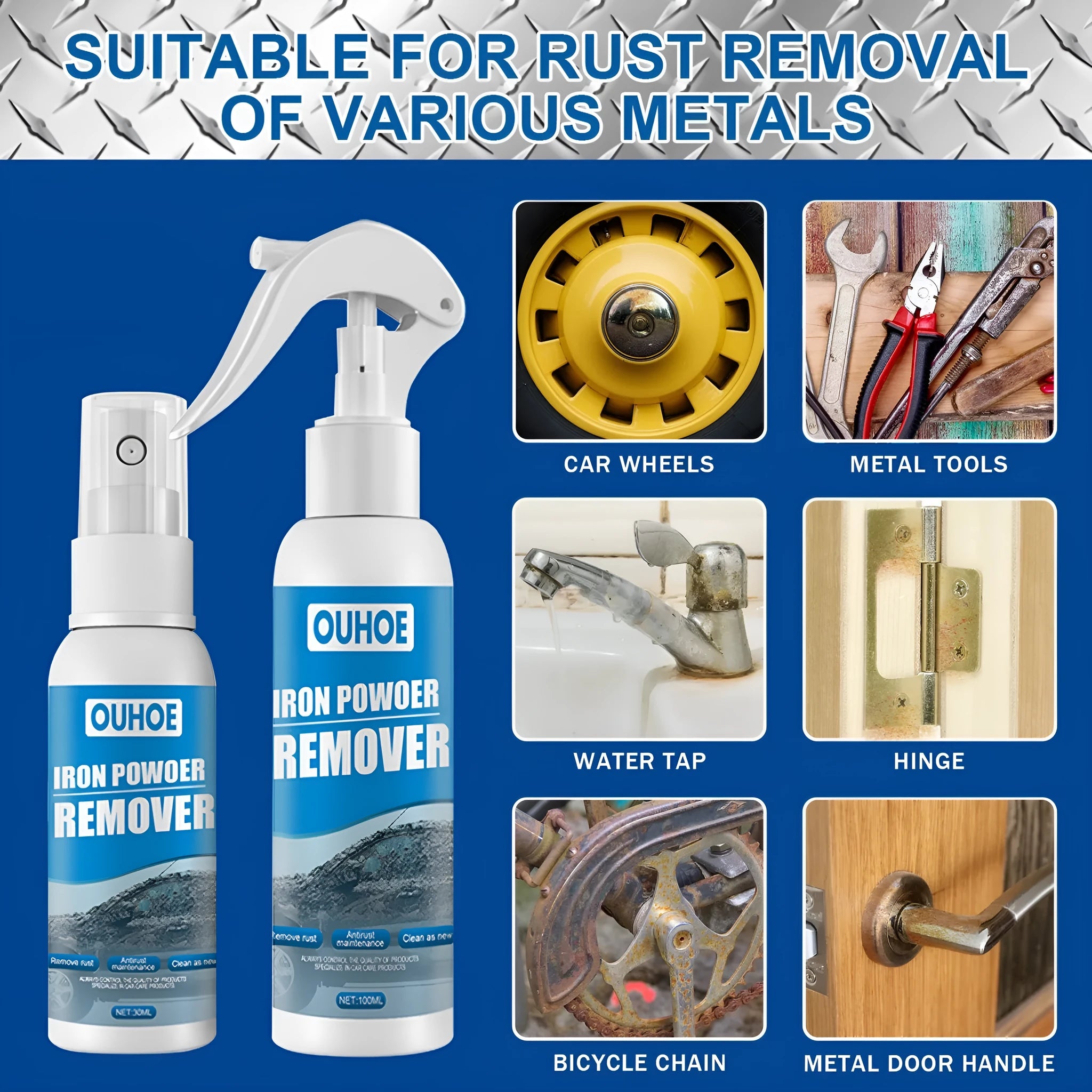 Automotive iron powder rust remover spray with blue square sponge and towel