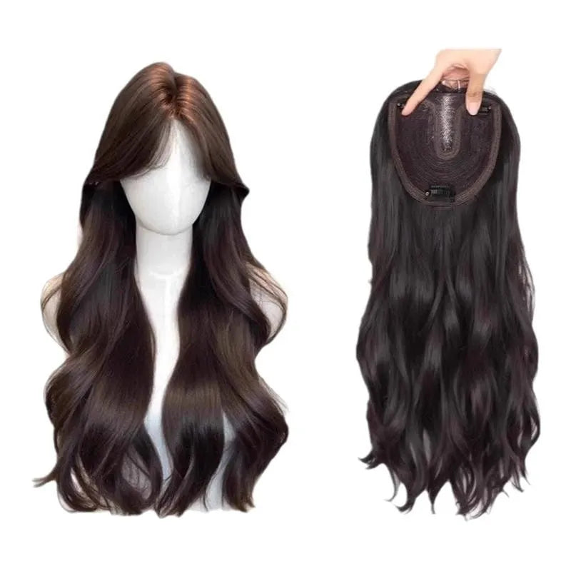 Hairfree Mesh Wig Female Traceless Ventilation Wig High Temperature Fiber Non-Hot Dye Half-Handmade Weaving Medium Curly or Straight Hair 60cm Length Natural Color or Caramel Mocha for Any Skin Colour