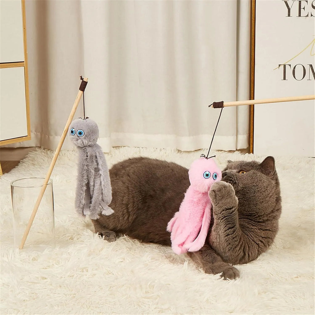 Colourful octopus cat toy on a long stick for indoor kittens and cats