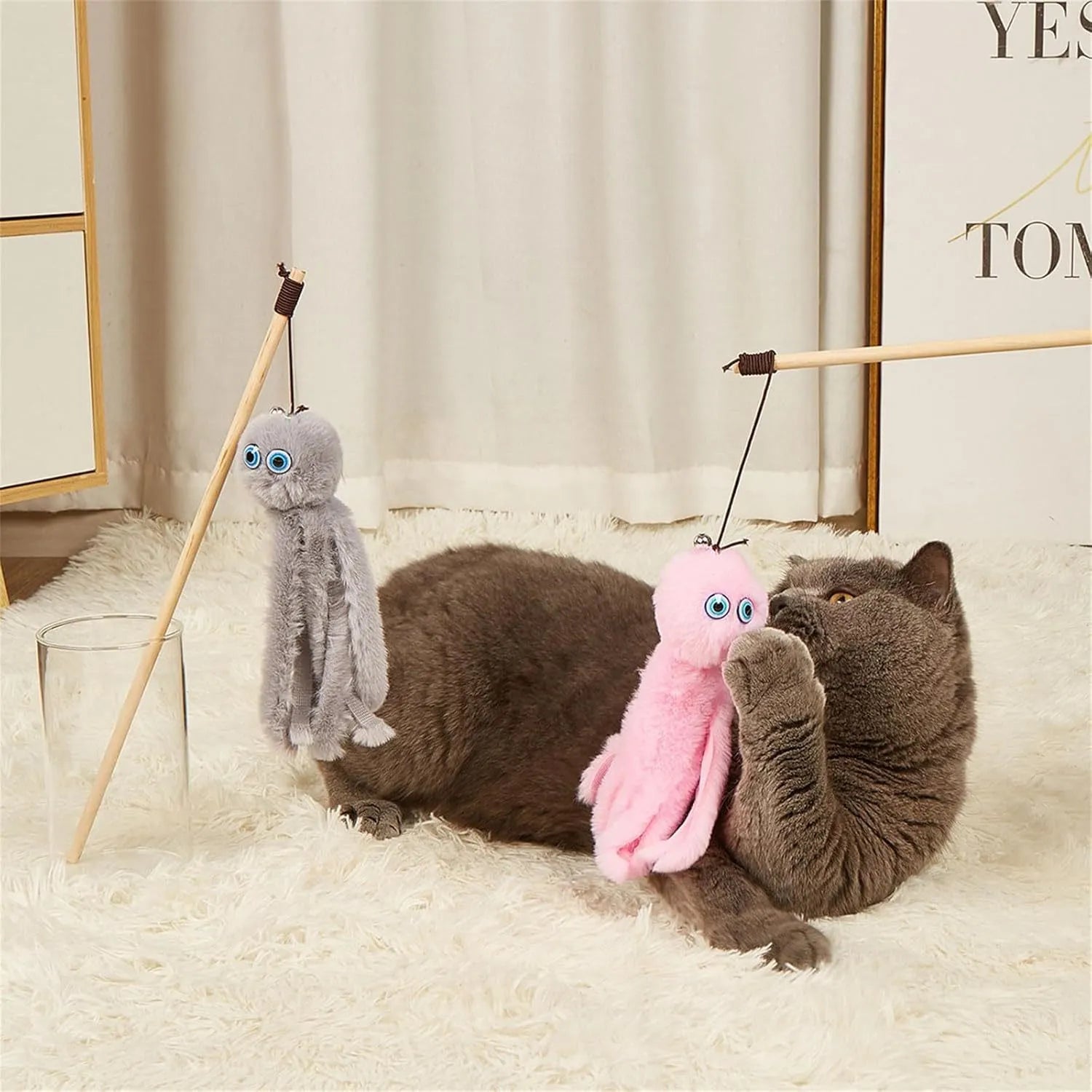 Colourful octopus cat toy on a long stick for indoor kittens and cats