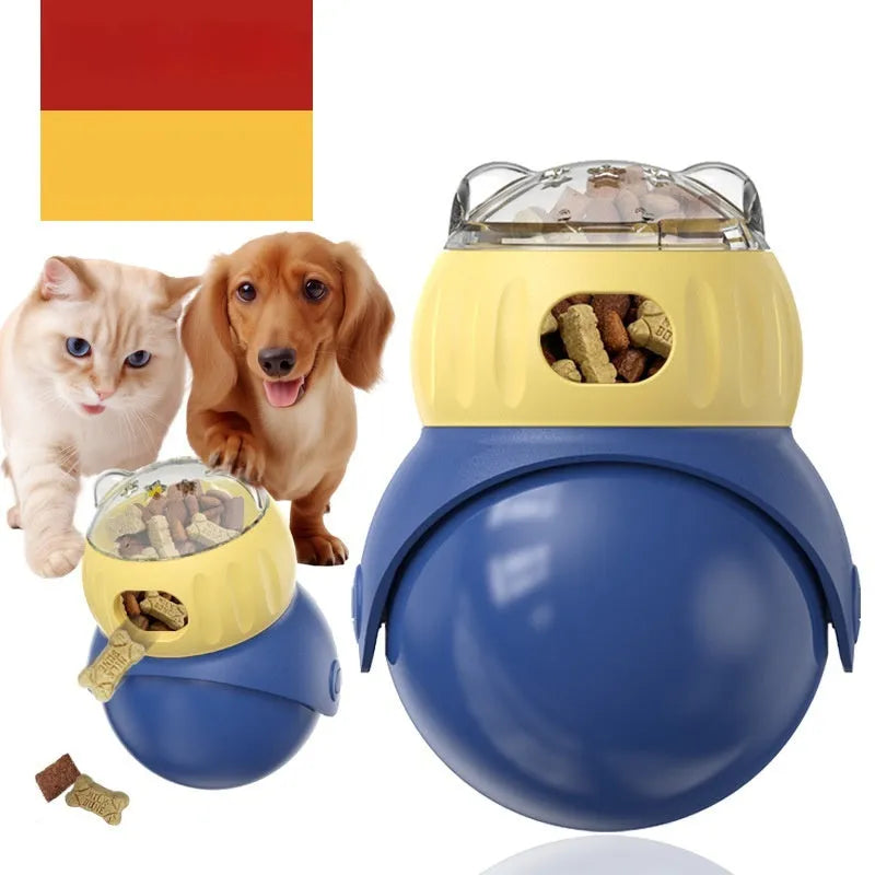 Yellow and blue plastic Tumbler Owl cat puzzle feeder toy for slow feeding