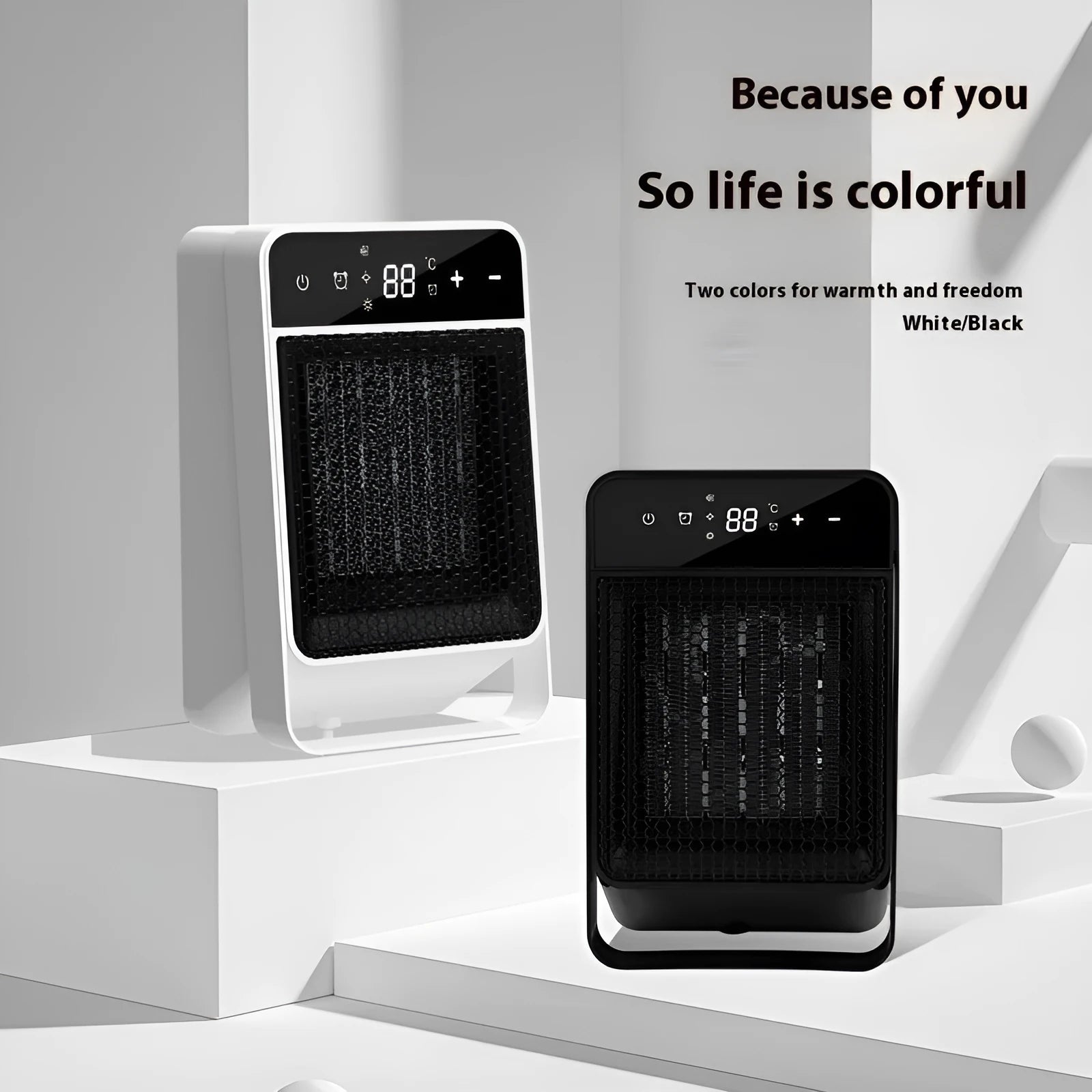 Desktop electric heater with digital touch screen display and remote control on a wooden desk.