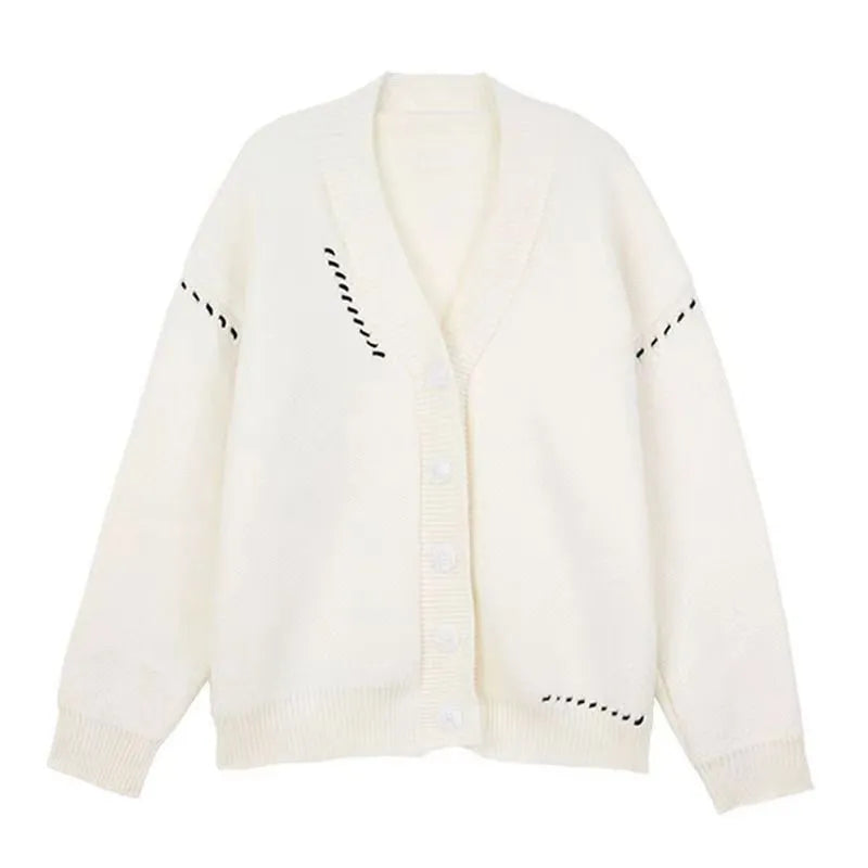 Women's knitted cardigan top coat in black solid colour with long sleeves and loose fit