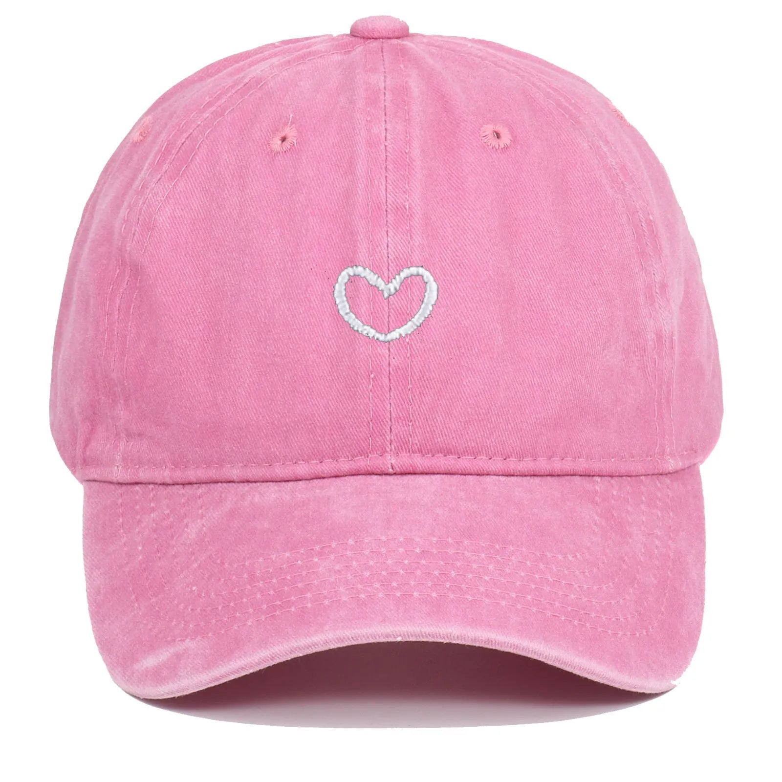Soft cotton baseball cap with an embroidered red love heart on the front, shown in adjustable size.
