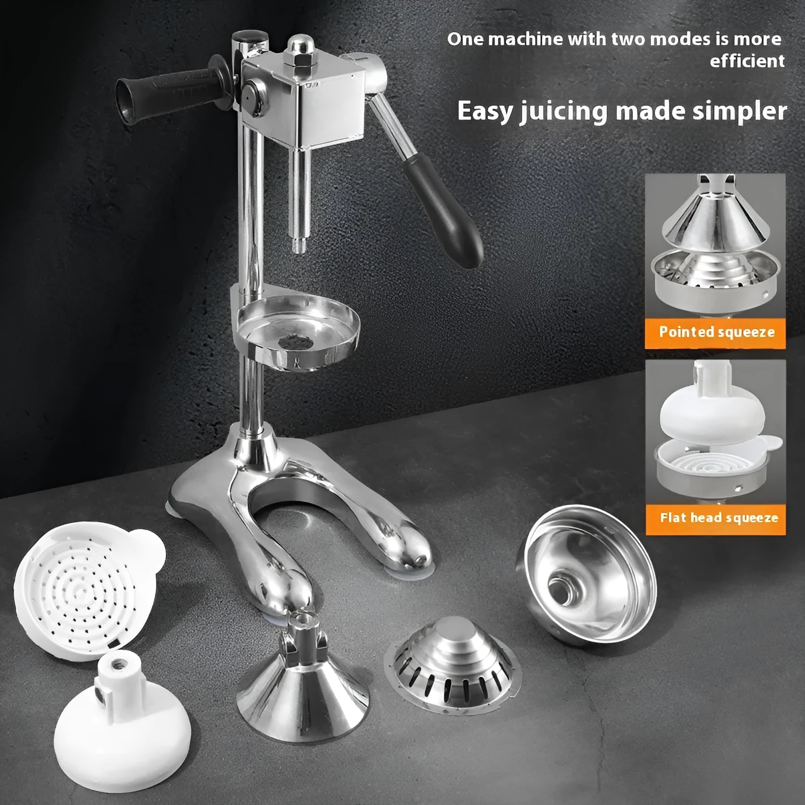 Vertical stainless steel manual juicer with multiple tip and colour options