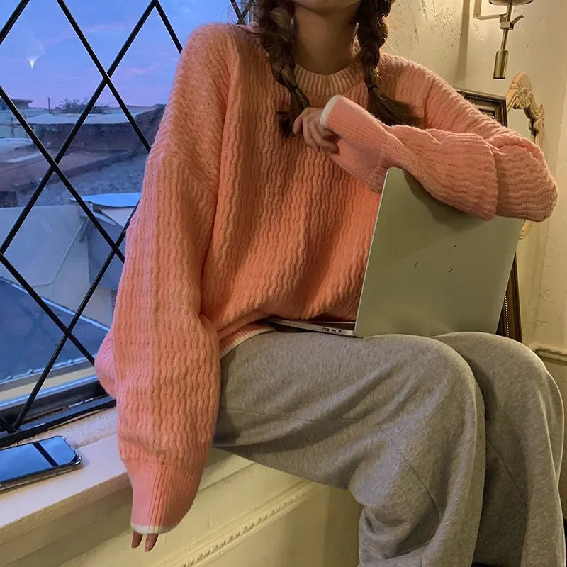 Women's loose fit retro pullover sweater in solid lake blue colour.