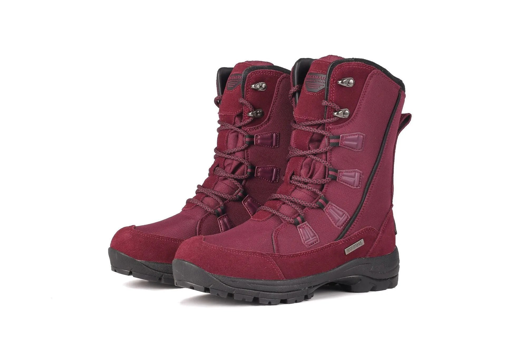 Women's mid-calf genuine leather snow boots in black with a round toe and rubber sole.