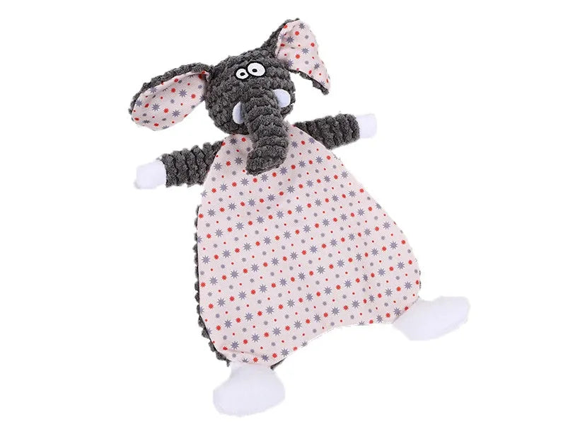 Brown plush velvet fox dog toy with sound paper core, shown next to grey elephant and orange cat versions.