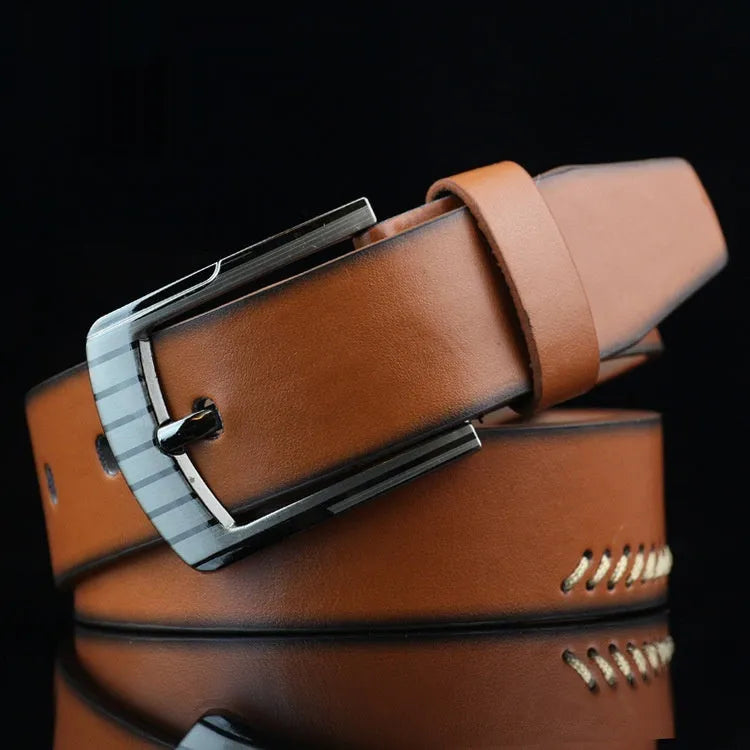 Men's threading casual belt with alloy pin buckle in black colour showing retro pattern design