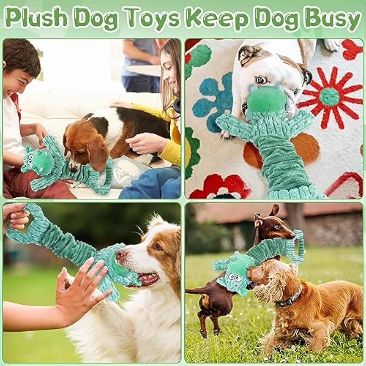 Large plush hippo or monkey dog toy with a handle base for tug-of-war games.