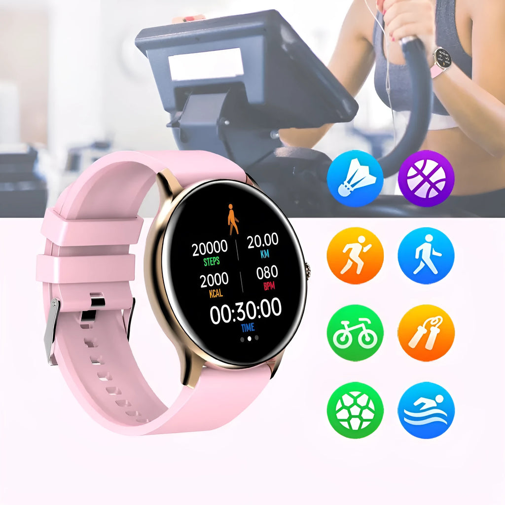 Black blood pressure smart watch with 1.28-inch touch screen display on silicone wristband