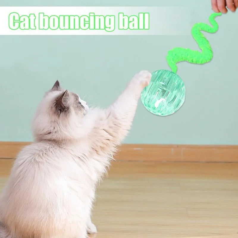 Interactive cat ball toy with TPR bouncy ball and plush tail in green colour