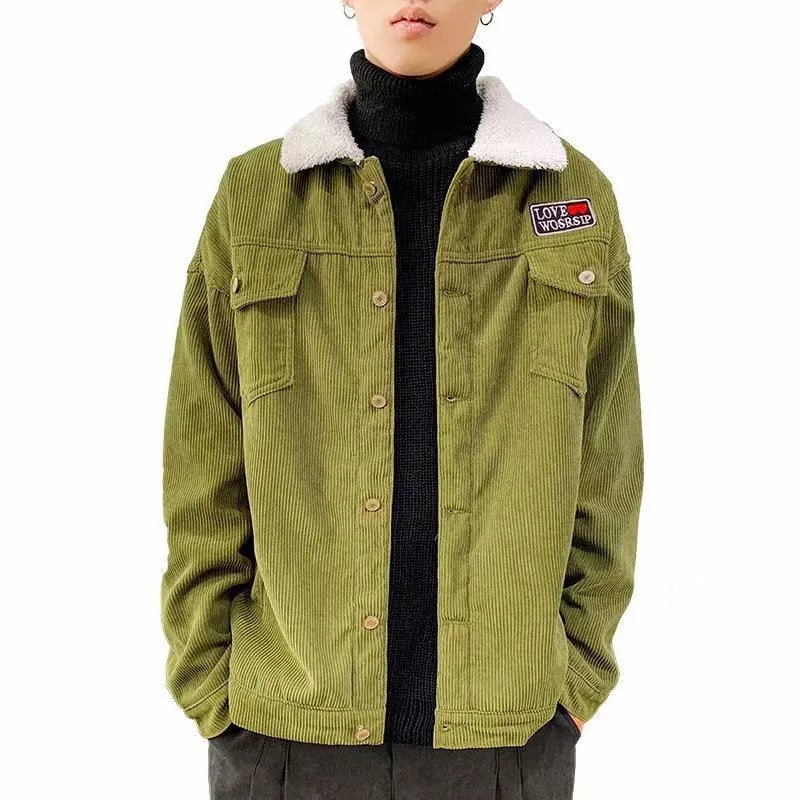 Men's loose fit corduroy workwear jacket in khaki colour with stick pockets and regular sleeves