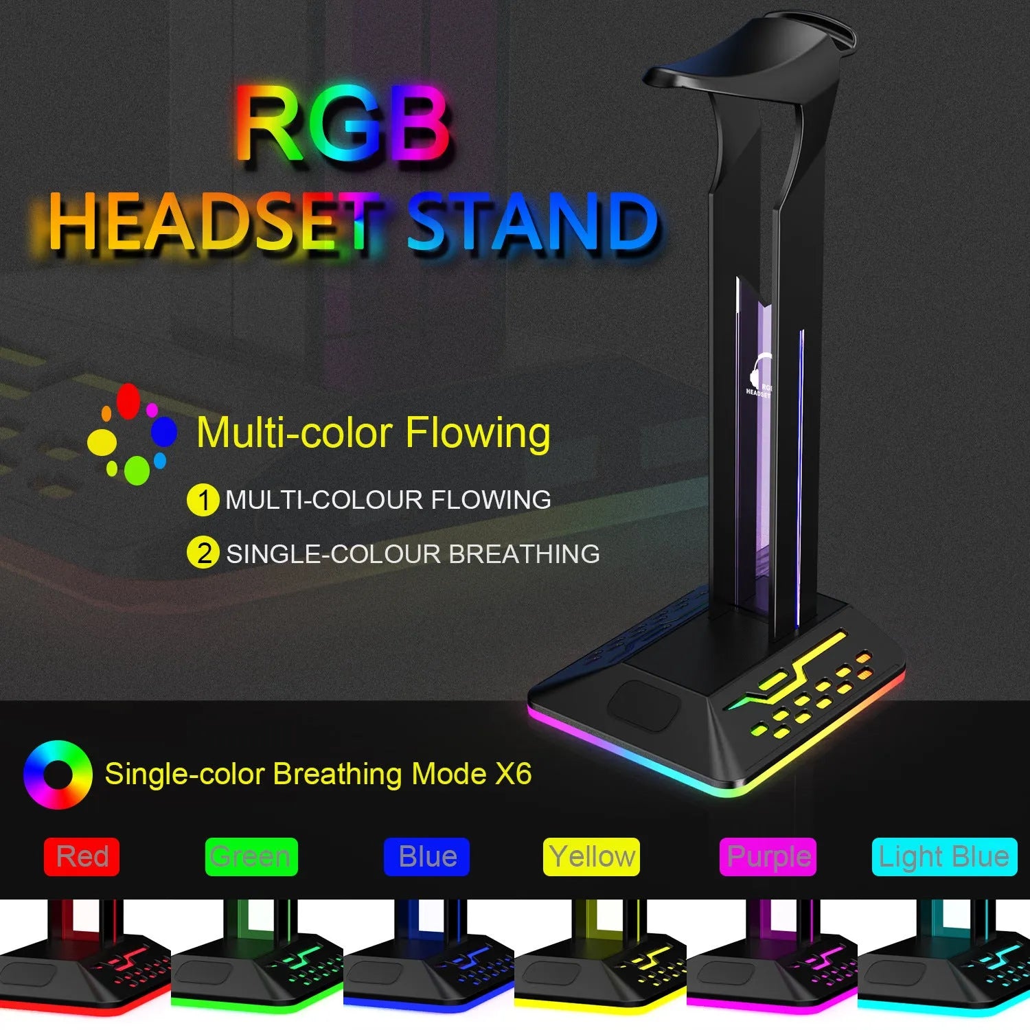 Headset display rack with RGB lighting and dual USB ports on a desk