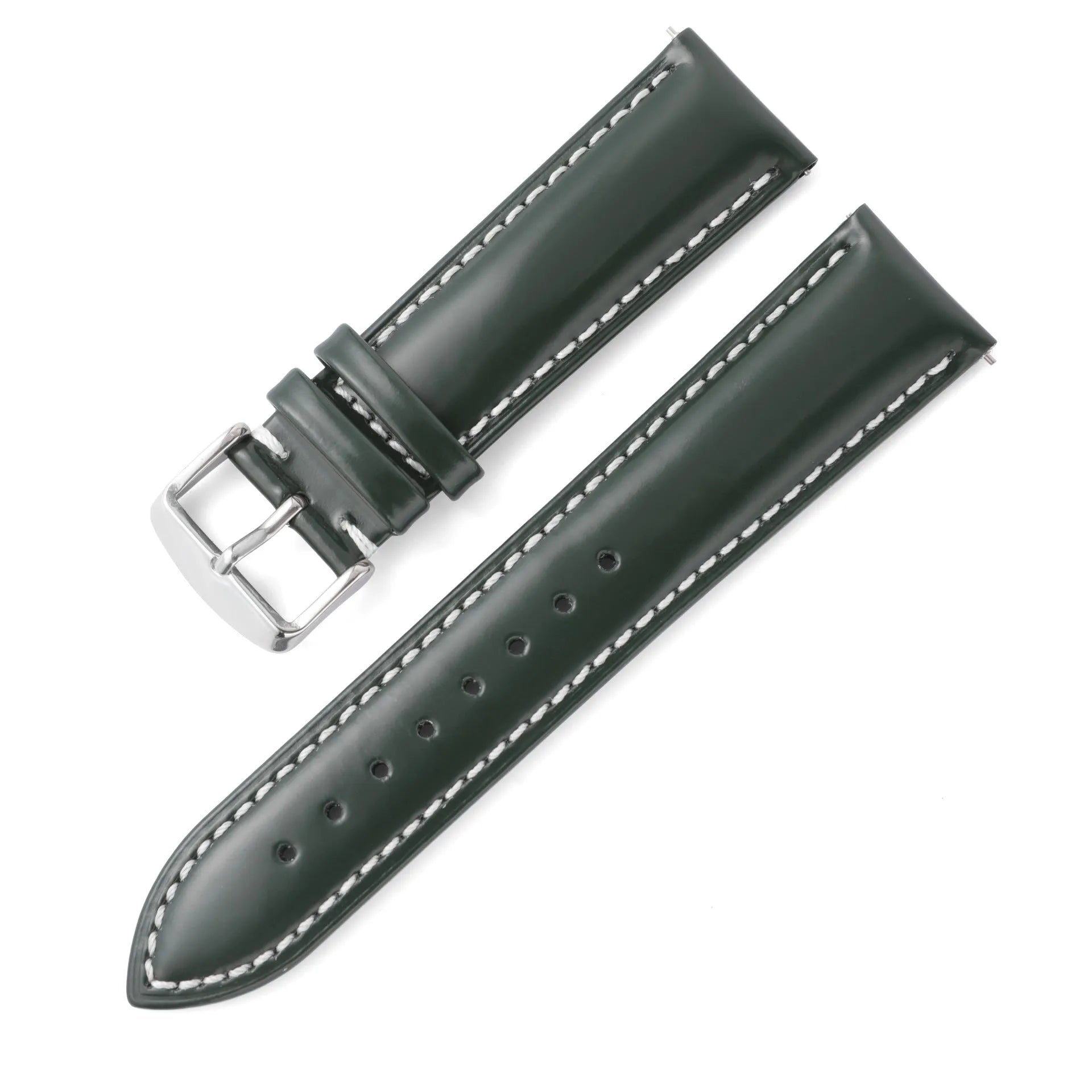 Quick release cowhide leather watch strap in black and white line colour on a watch.