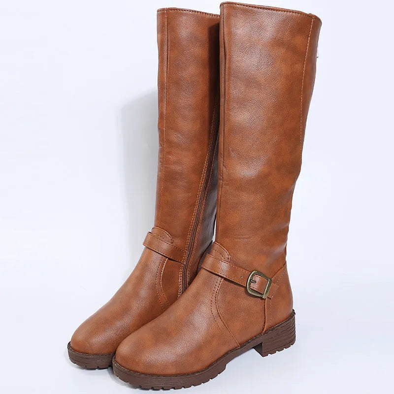 Women's knight boots high boots with square heel and belt buckle detail in artificial PU material