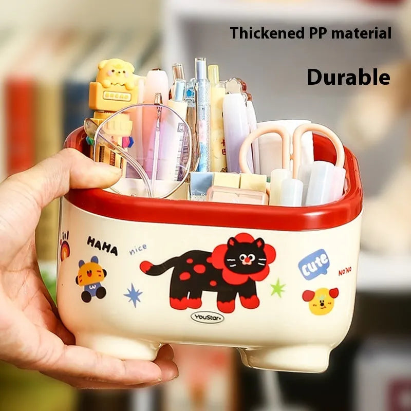 Red and brown cartoon-style desktop storage organiser with grid pattern and sticker set for labelling.