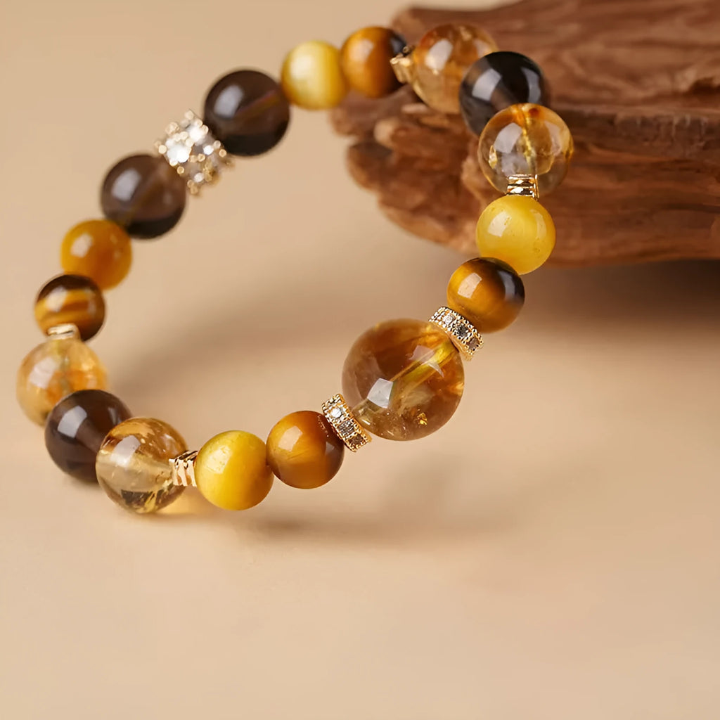 Lucky Jinba tiger-eye crystal bracelet showing geometric yellow beads in natural stone