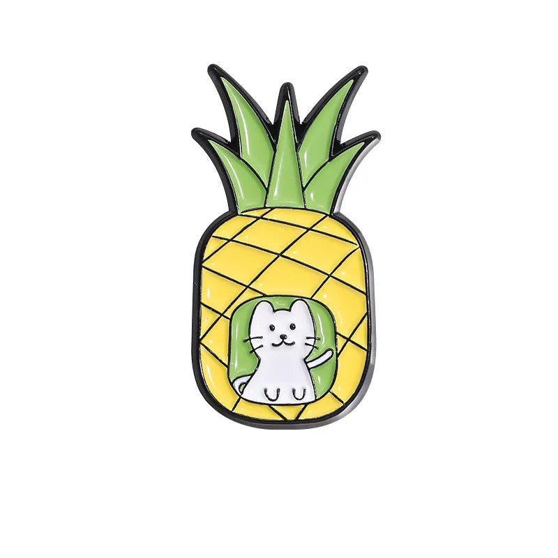Colourful cartoon fruit design on a silver-toned zinc alloy metal brooch with pin clasp.