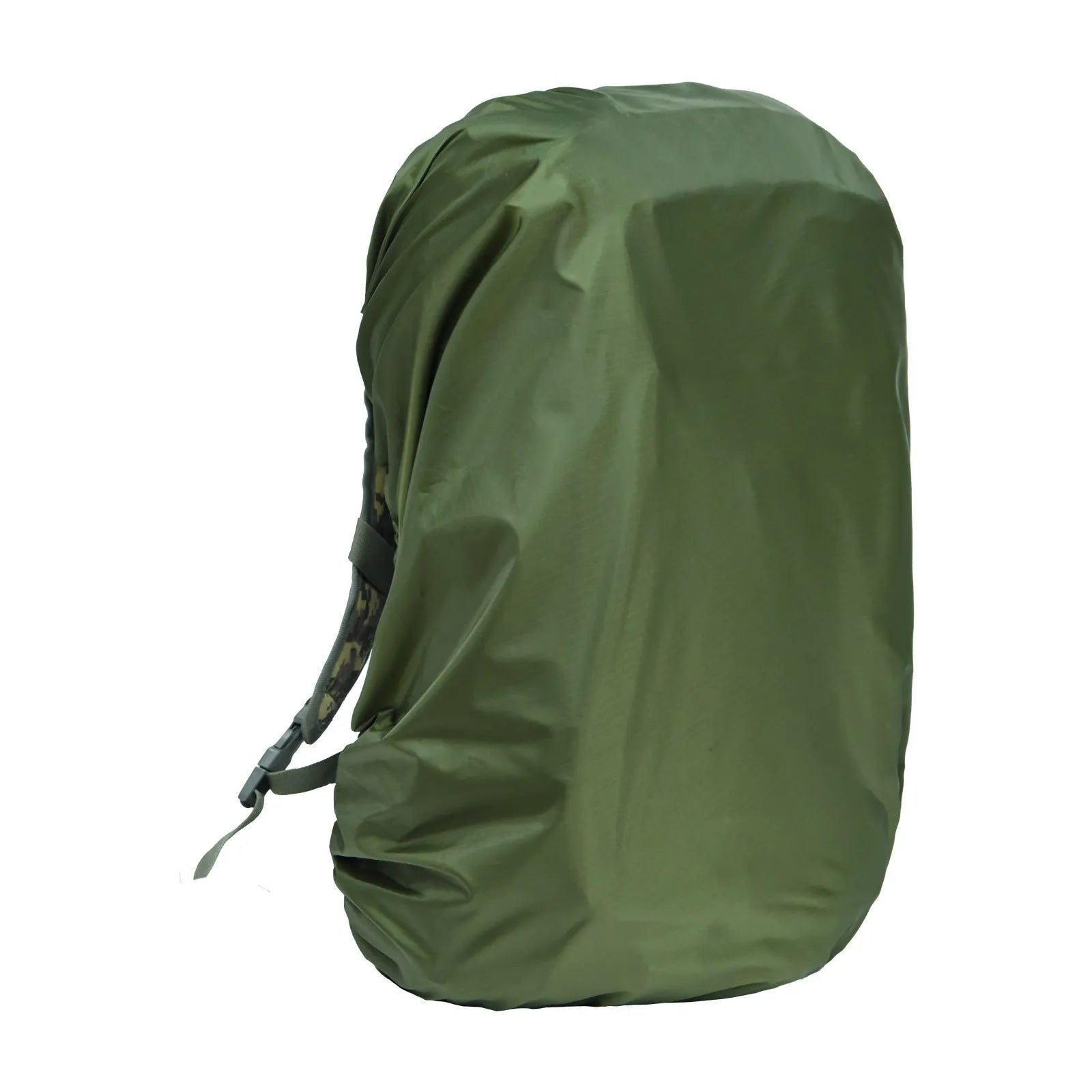 80L waterproof PU backpack rain cover in army green, for outdoor mountaineering and hiking.