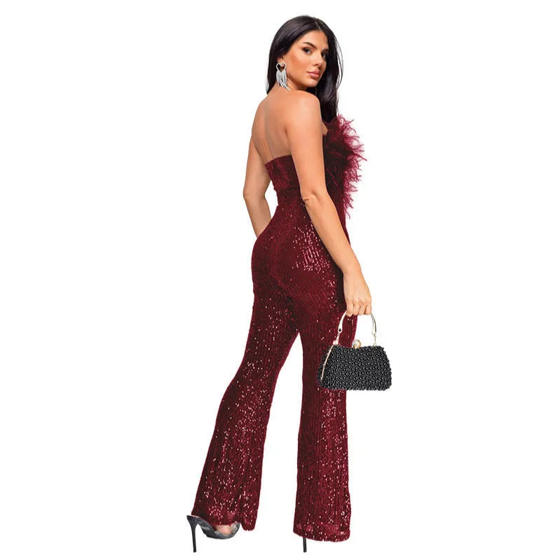 Women's sleeveless backless jumpsuit with flared legs and sequin collar detail in champagne colour