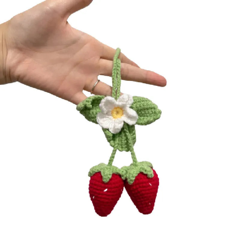Handmade strawberry-shaped car pendant woven from cotton and hemp using knitting wool techniques