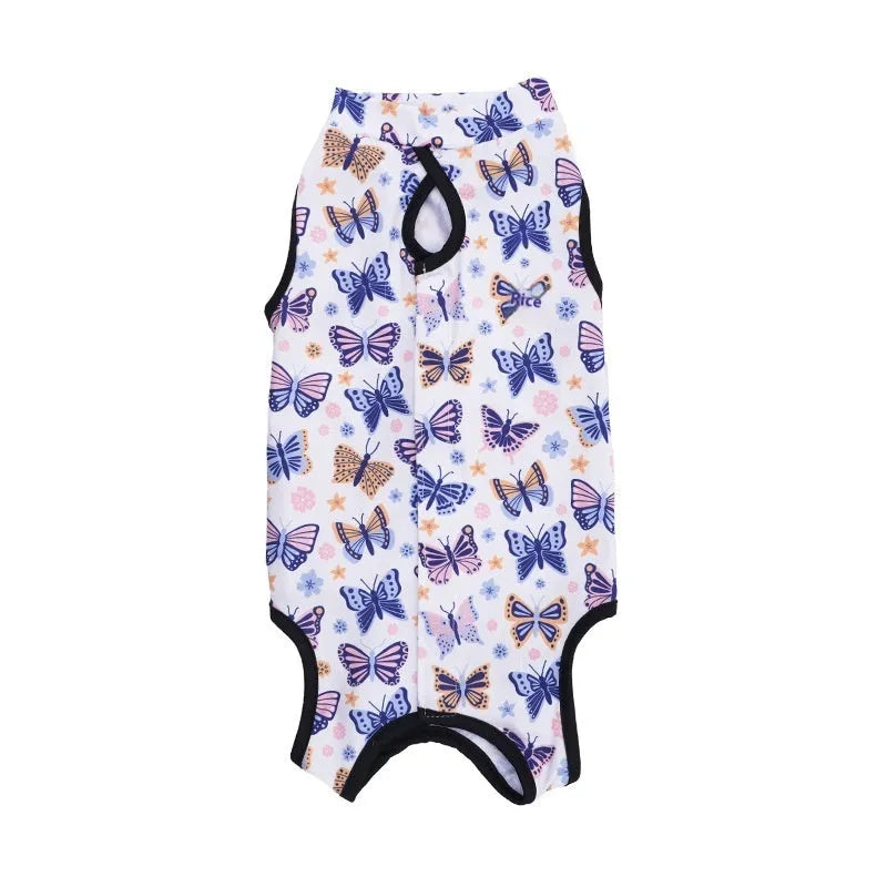 Polyester cat recovery suit with Velcro fasteners for post-sterilisation wound protection in various colours.