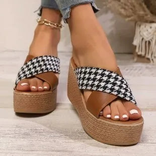 Brown and black leopard plaid pattern wedge sandals with rubber soles