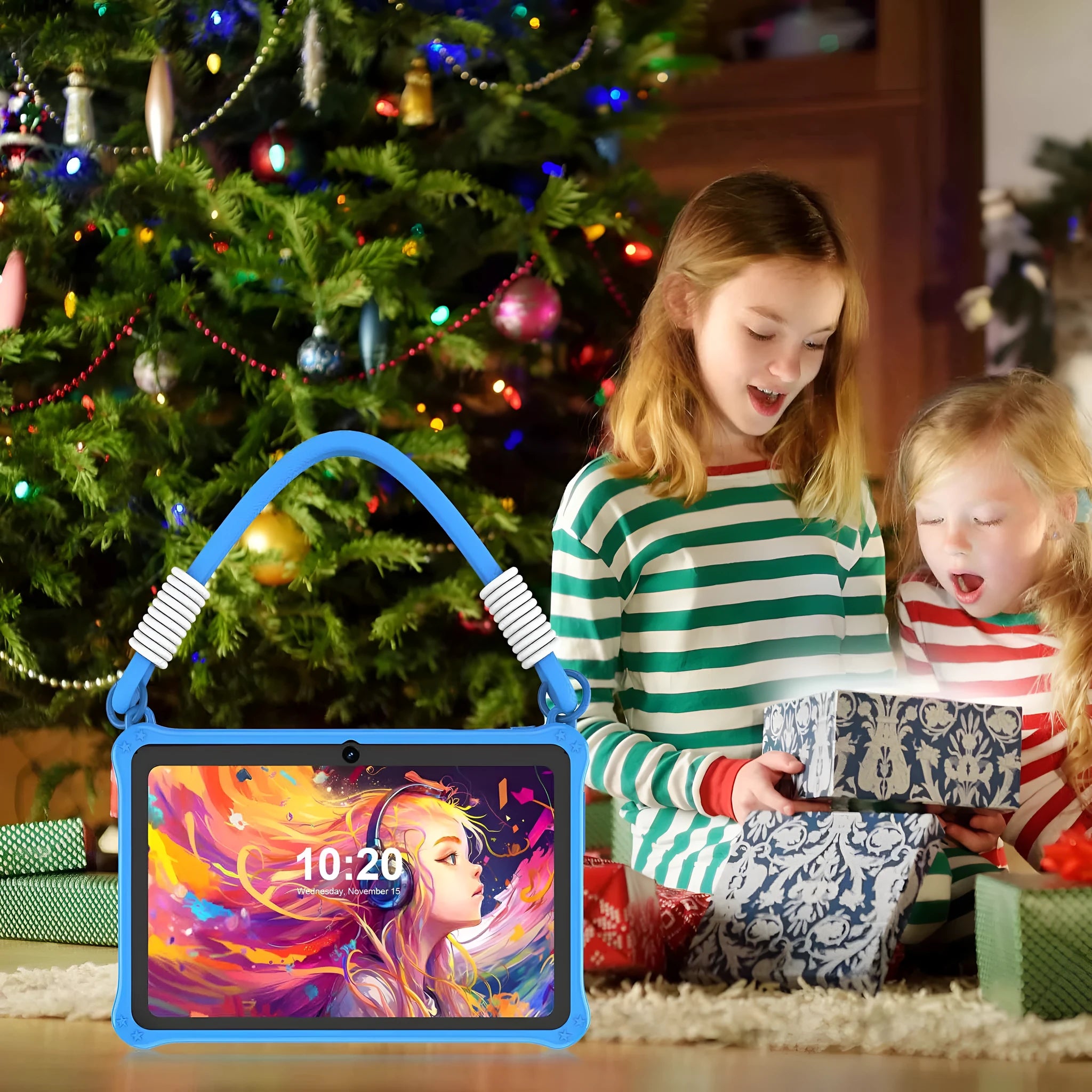 Sapphire blue silicone protective case with flat strap for a 7-inch children's tablet.