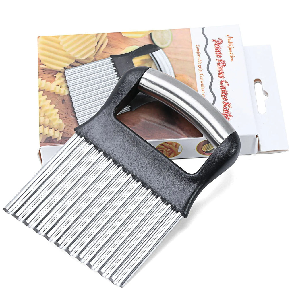 Stainless steel potato wave knife on a kitchen counter, showing its crinkle cut blade and compact 14 cm size.