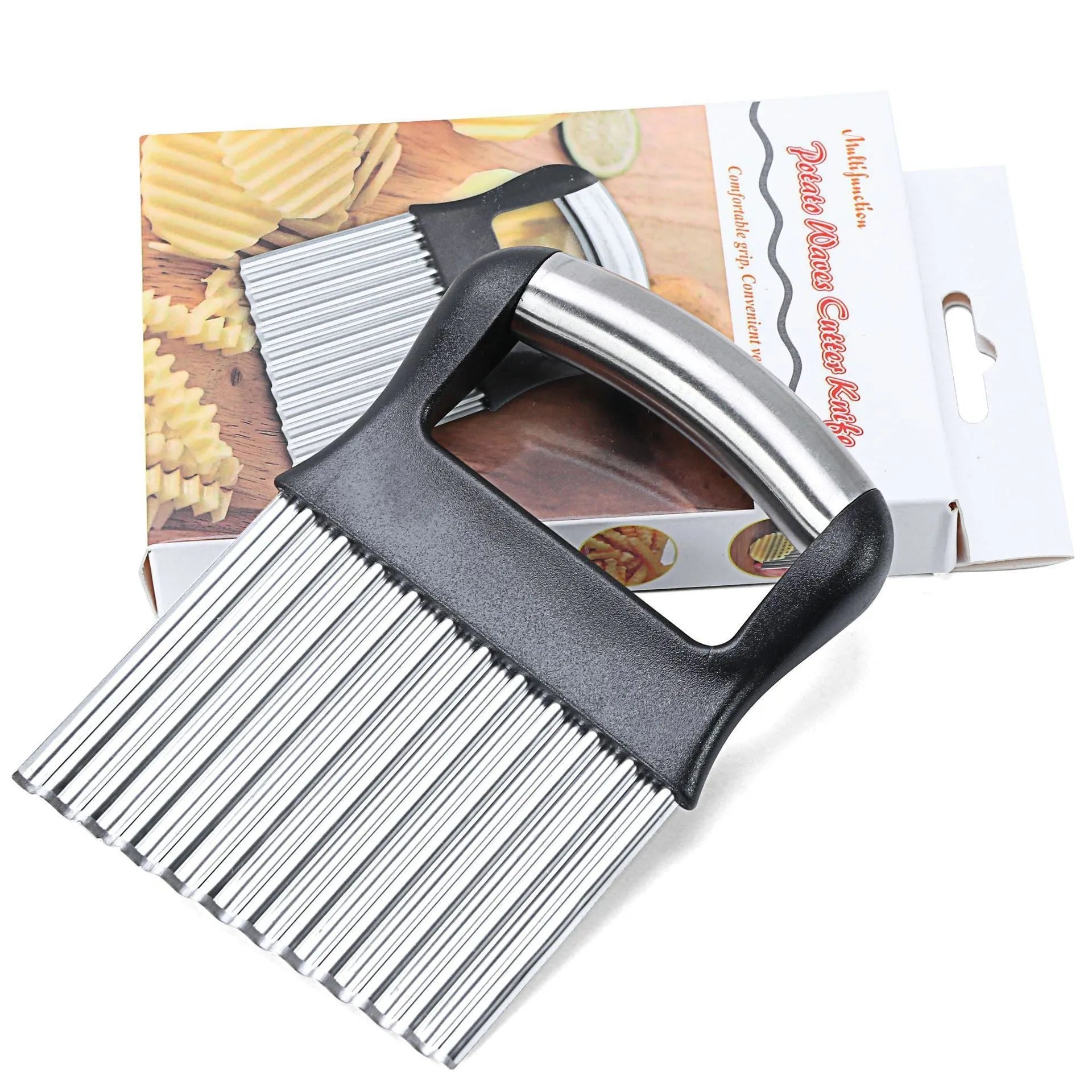 Stainless steel potato wave knife on a kitchen counter, showing its crinkle cut blade and compact 14 cm size.