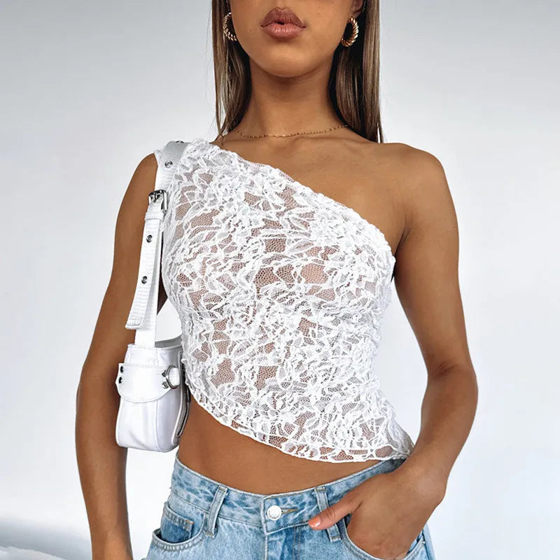 Women's lace backless sleeveless vest with asymmetrical sloped neck in solid colour Polyester fabric