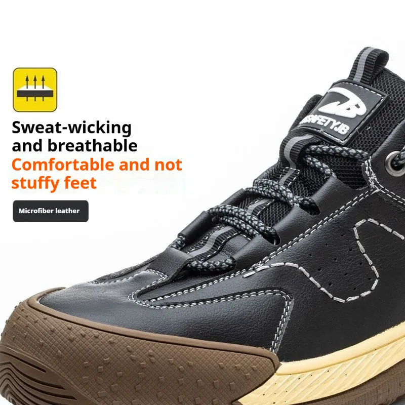 Men's black Flyknit leather work shoes with a safety toe cap and rubber sole on a work site background.