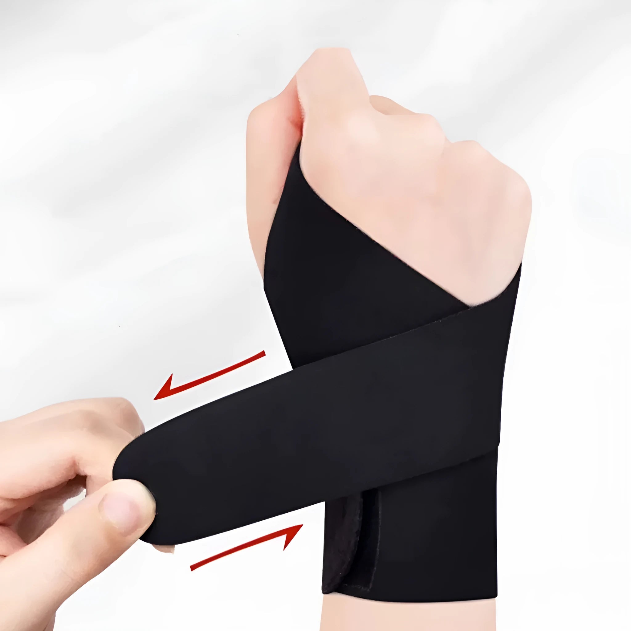 Adjustable black athletic wristguard worn on a wrist, suitable for sports like badminton and tennis.