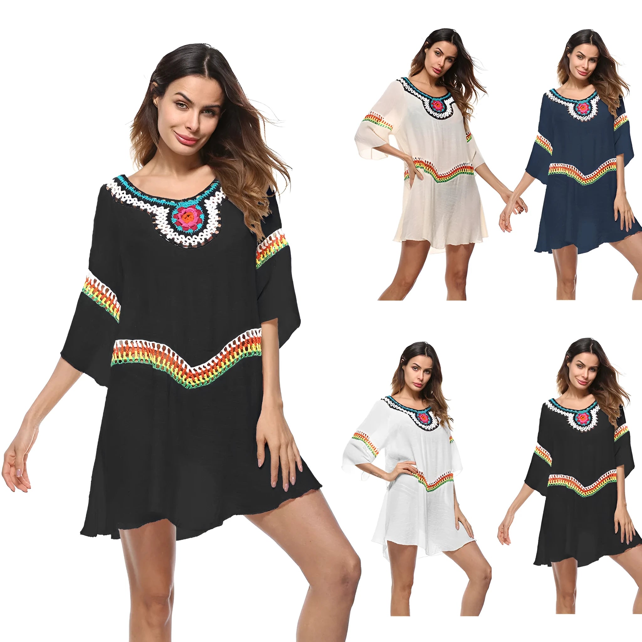 Crocheted ethnic style beach clothing set for women in acrylic fabric with sun protection for swimming